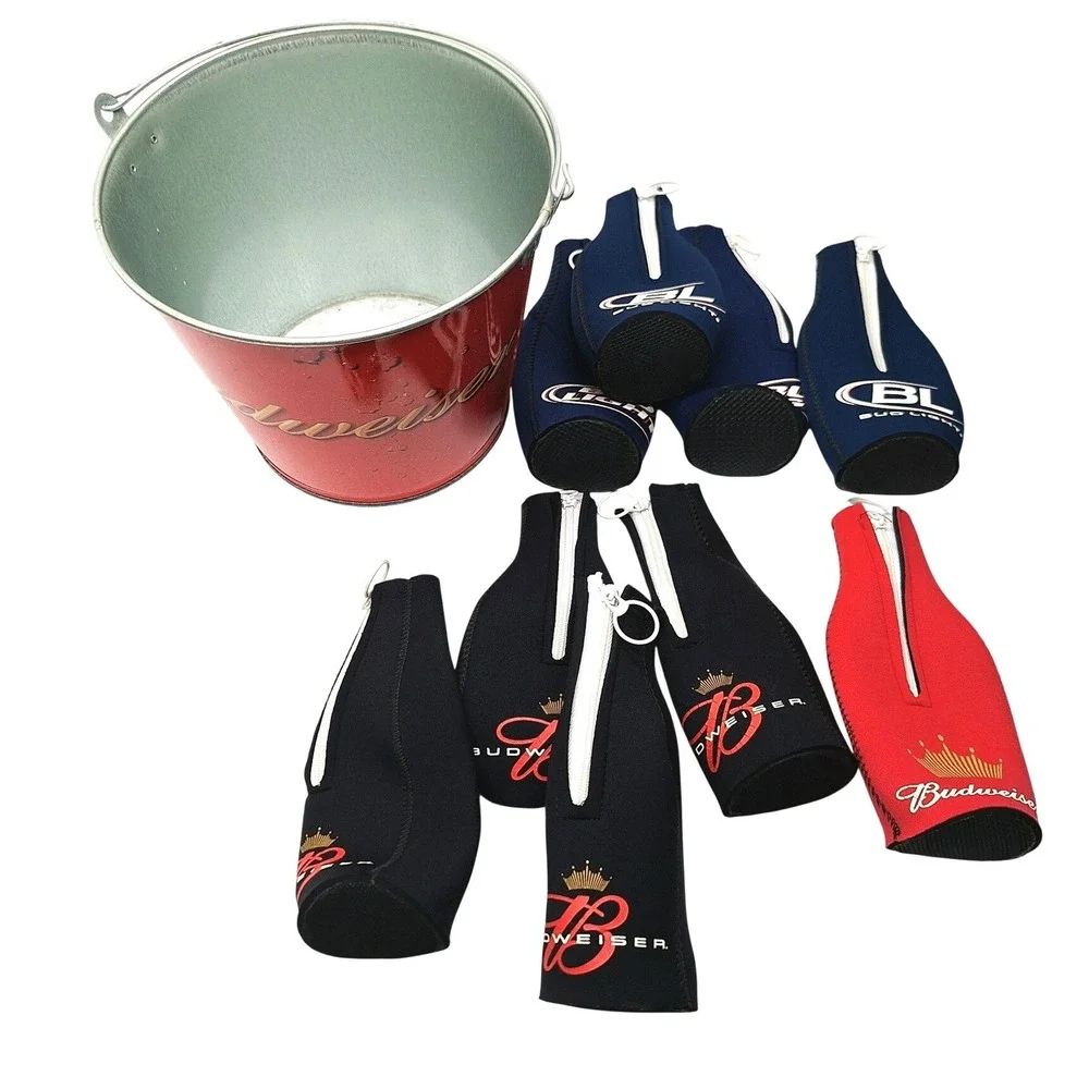 Budweiser Metal Ice Bucket and 10 Piece Zippered Bottle Koozie Insulator Set